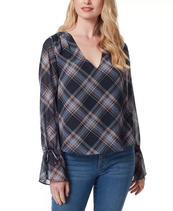 Jessica Simpson Tops - Jessica Simpson Womens Aurora Blouse Large Blue Plaid Long Sleeve V Neck NWT